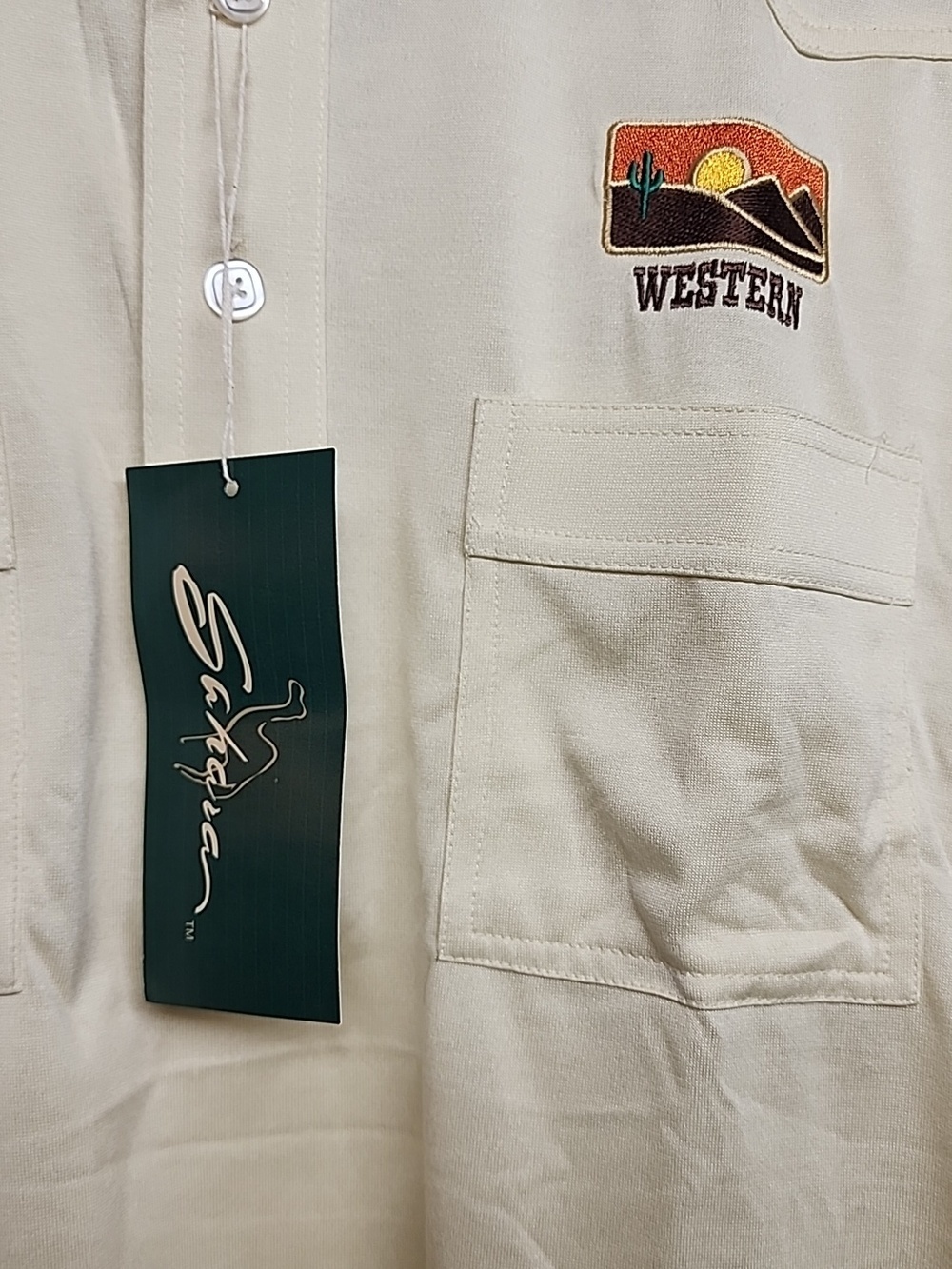 Sahara Cream Short-Sleeve Western Embroidered Polo Shirt w/pockets Sz M - Picture 2 of 10